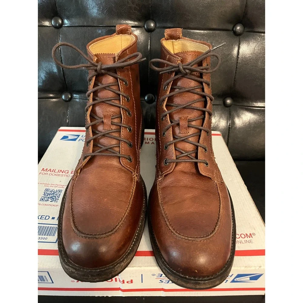 Frye Cognac Leather Moc Toe Lace Up  Lug Sole Boots